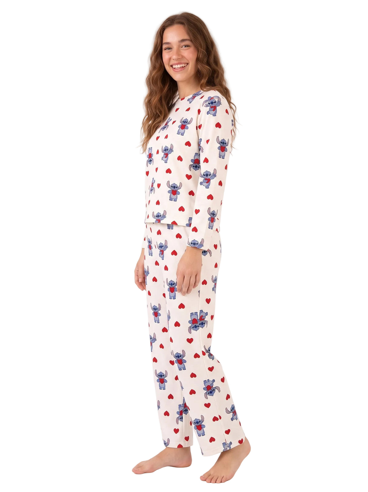 Disney Stitch Women's Pajama Set Long Sleeve Top and Pants with Red Hearts Print on Cream, Sizes S-XL
