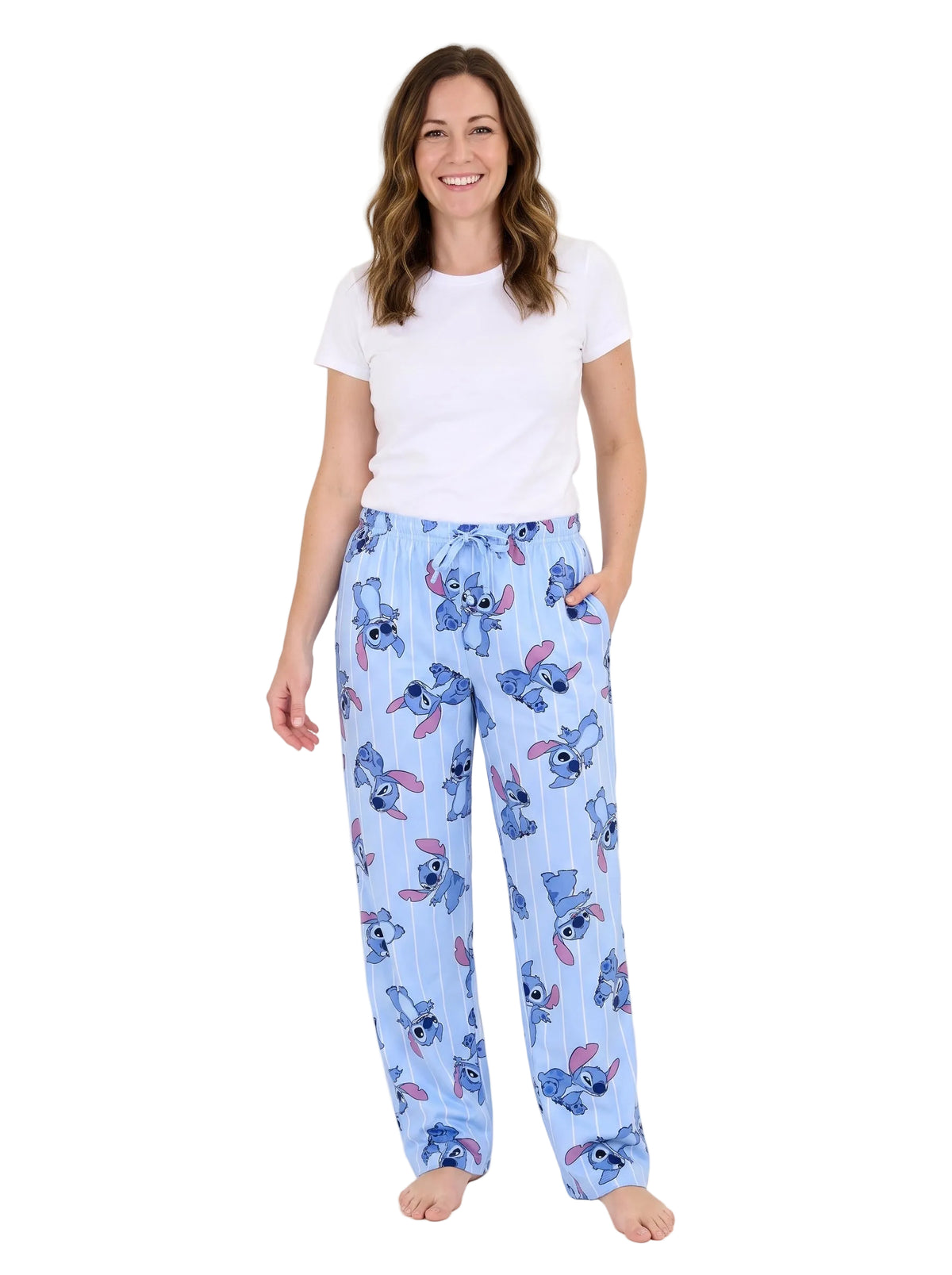 Disney Stitch Unisex Pajama Pants Light Blue Pinstripe Print Elastic Drawstring Waist Lounge Pants Adult Sizes S to XL Men and Women
