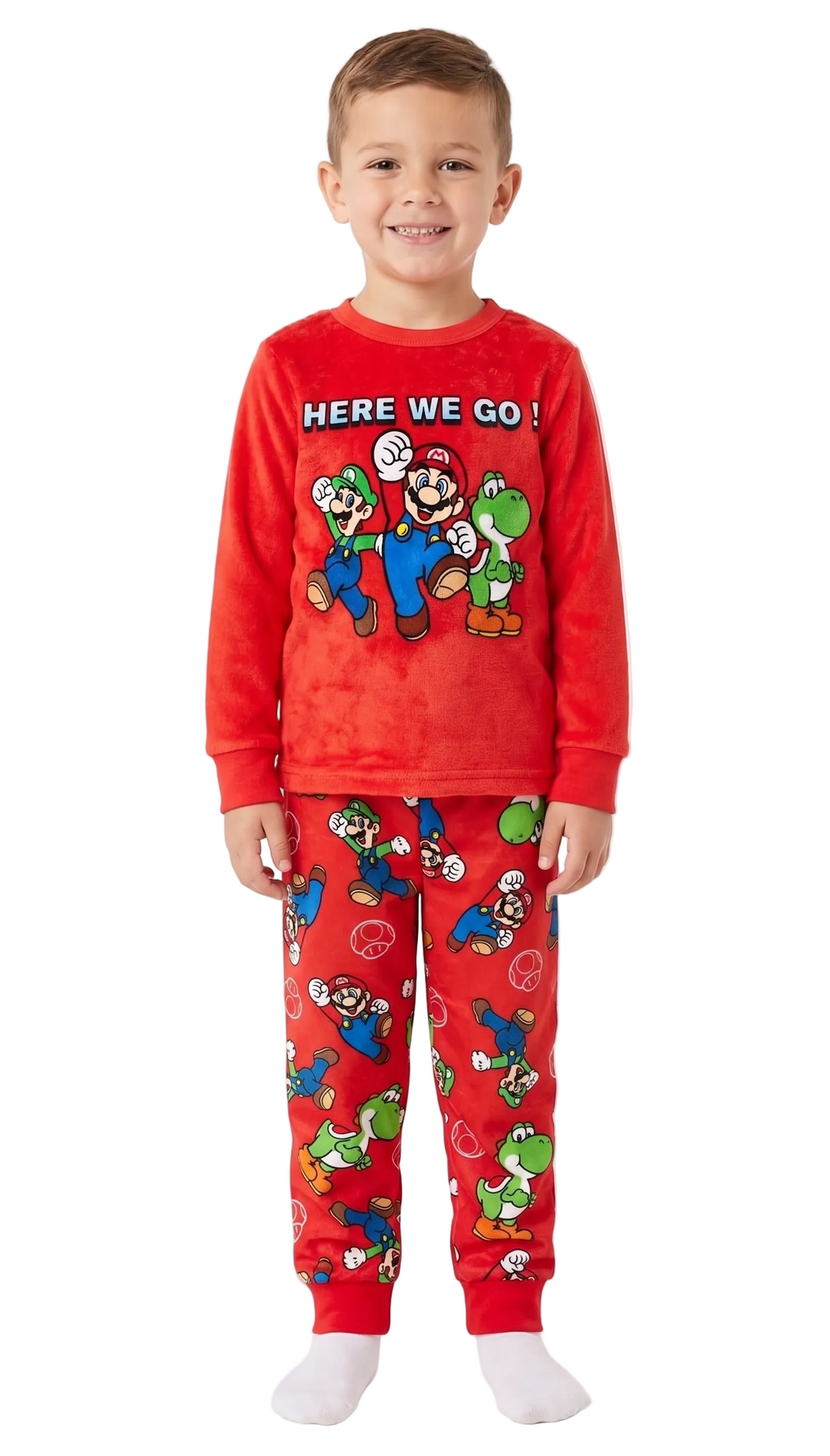 Super Mario Boys 2-Piece Fleece Pajama Set Featuring Mario Luigi and Yoshi Soft Long Sleeve Top with Matching Pants Sleepwear