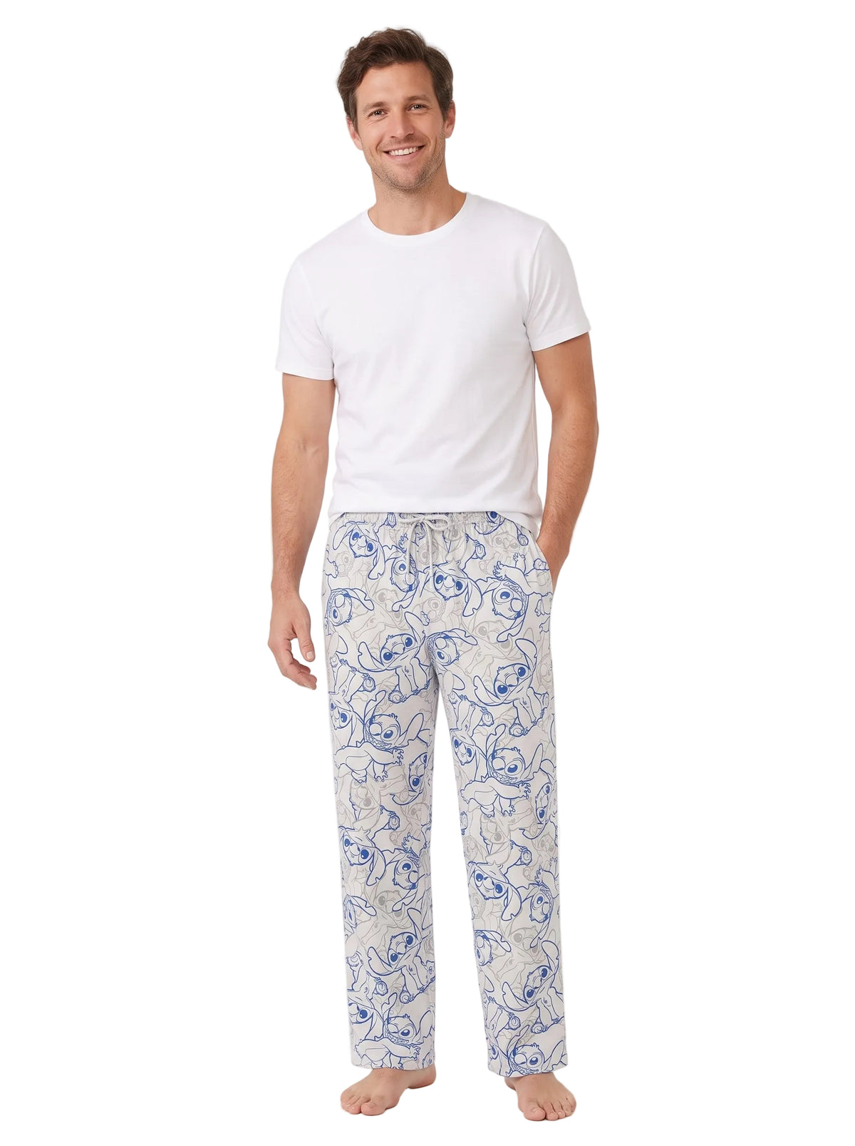 Disney Stitch Men's Pajama Pants Lounge Sleep Bottoms Elastic Drawstring Waist Allover Blue and Gray Print Sizes S to XL