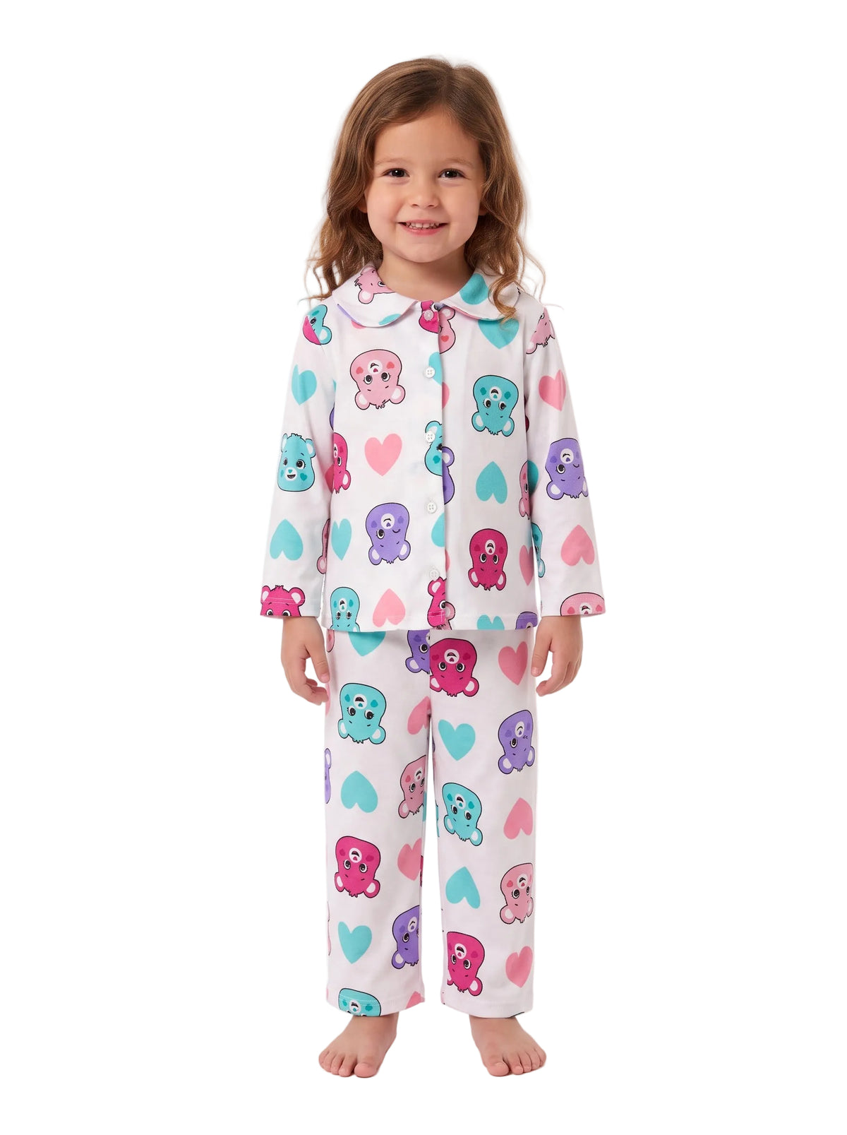 Care Bears Toddler 2-Piece Pajama Set, Long Sleeve Button-Front Top and Elastic Waist Pants, Colorful Hearts Print, Sizes 12M-4T