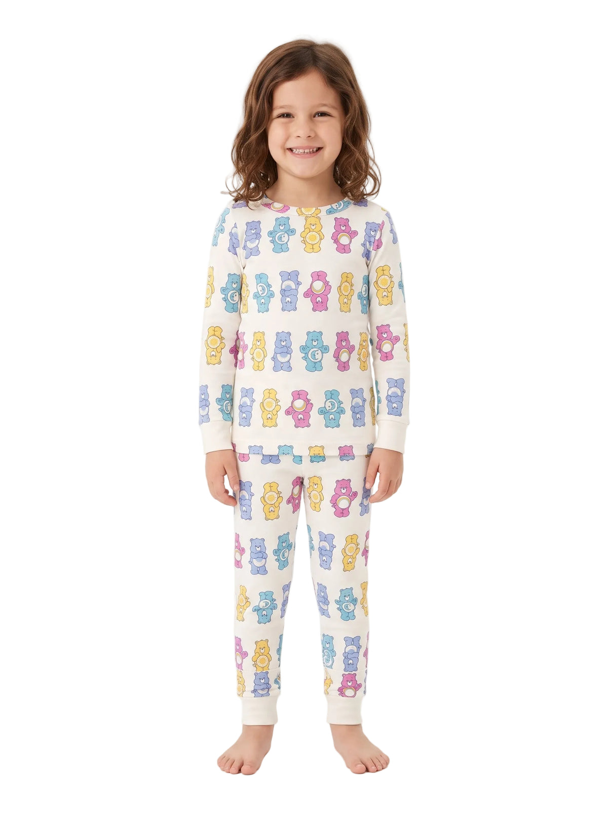Care Bears Kids Two-Piece Long Sleeve Pajama Set with Pastel Bear Print, Fitted Top and Banded Cuff Pants, Sizes 12M to 4T.
