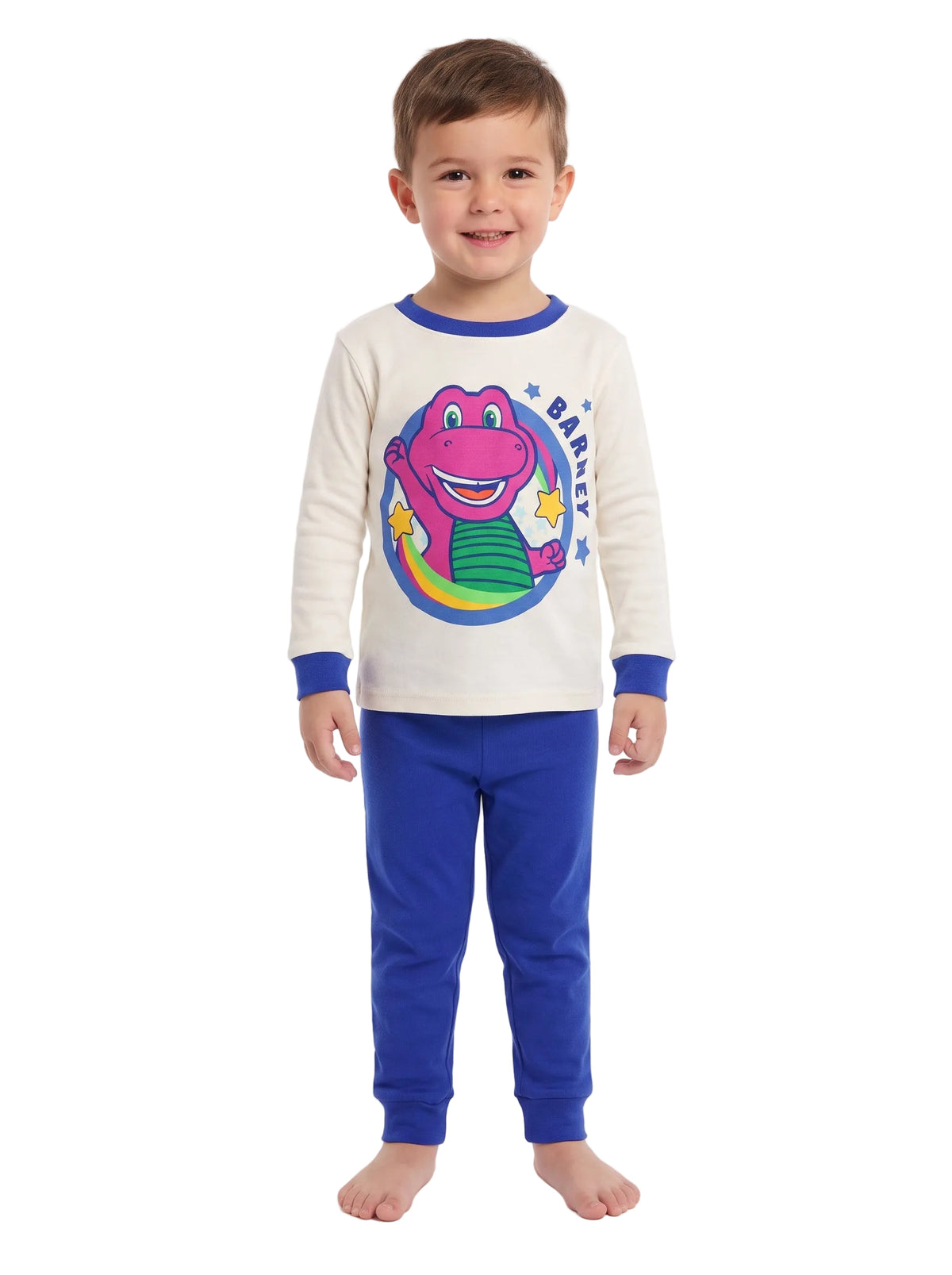Barney Toddler Unisex 4-Piece Pajama Set with Long Sleeve Tops and Jogger Pants, Cream and Blue and Gray Character Print, Sizes 2T-4T