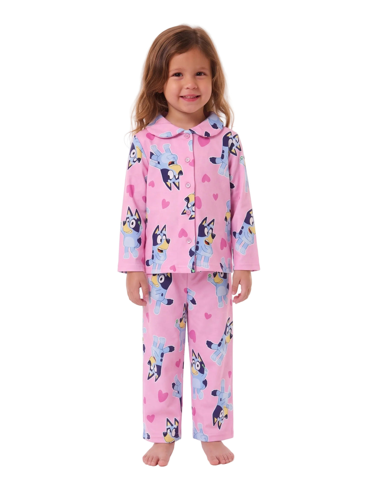 Bluey Girls Toddler Pajama Set Pink Button-Up Top and Pants Hearts Print Long Sleeve Coat Style Sleepwear Size 2T-4T