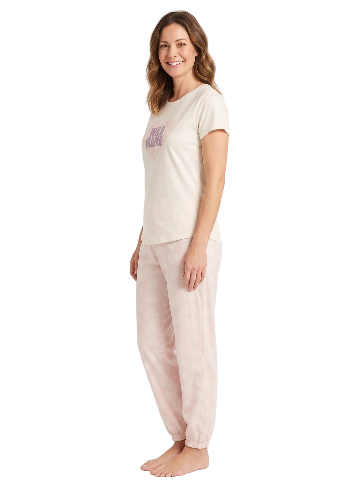 Dearfoams Womens Wild Mama Pajama Set Short Sleeve Graphic Tee and Heart Print Jogger Pants Cream and Pink Sizes S-XL