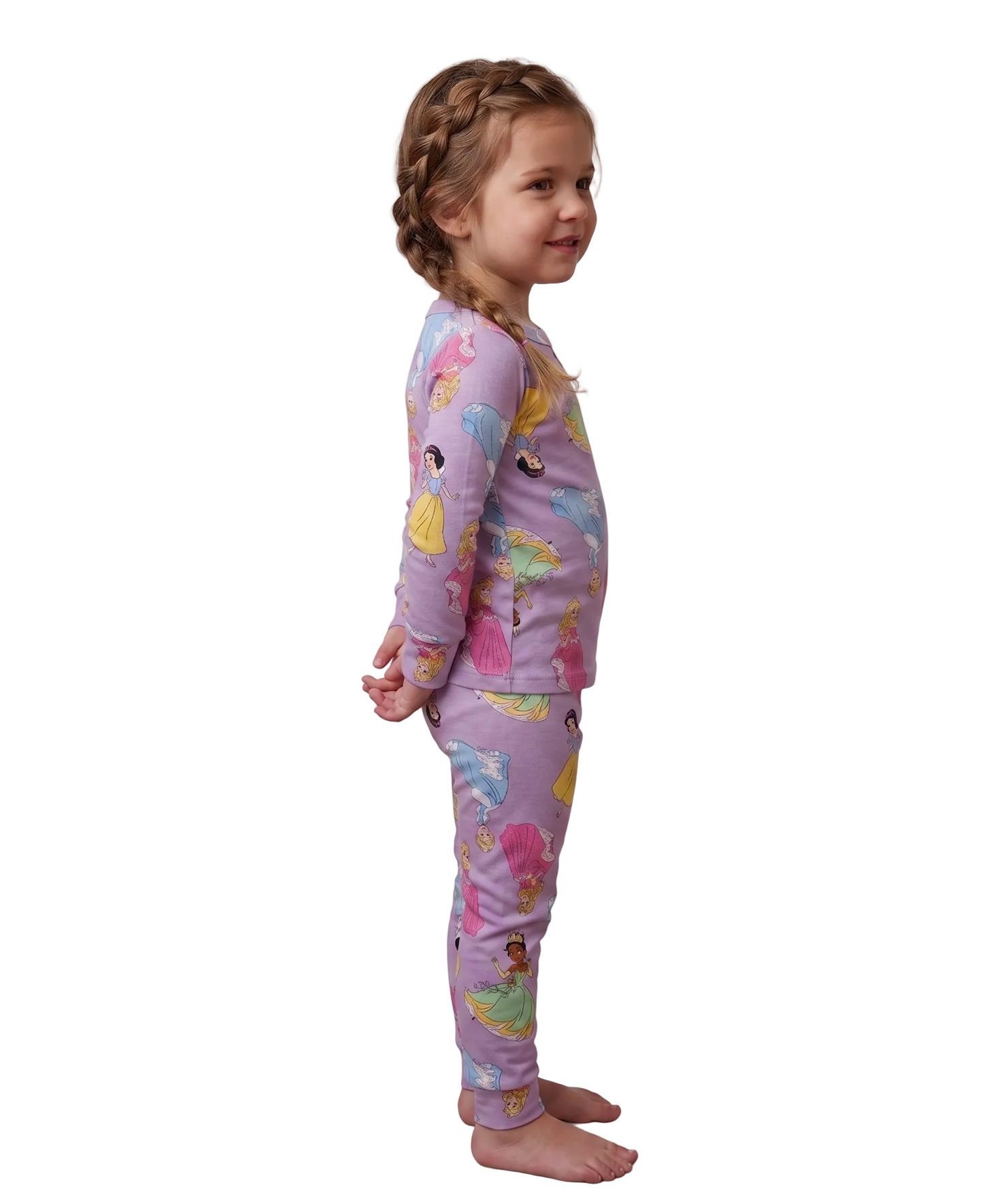 Disney Princess Girls 2-Piece Cotton Pajama Set, Long Sleeve Tiana Snow White Cinderella All-Over Print Top and Pants, Purple
