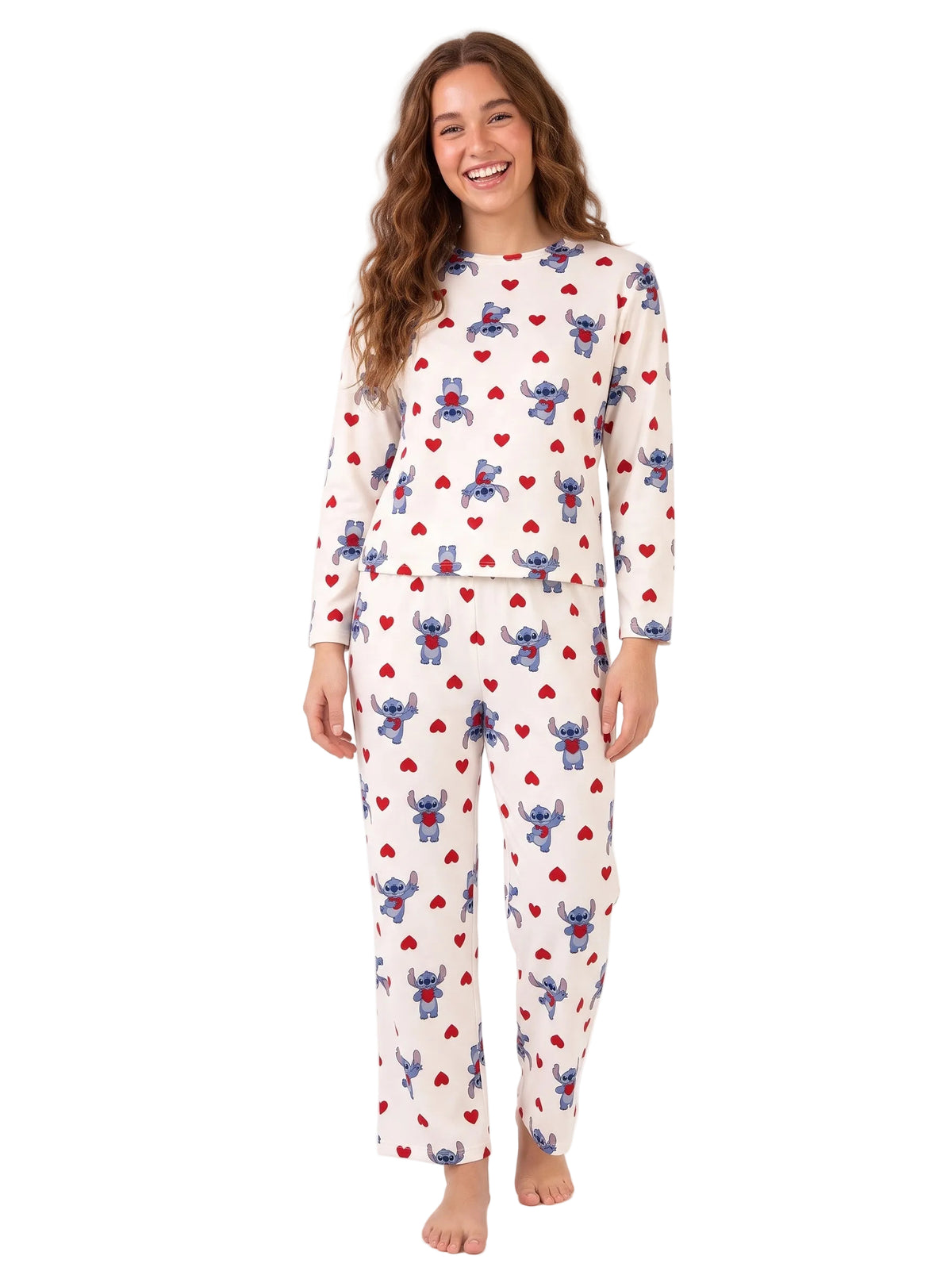 Disney Stitch Women's Pajama Set Long Sleeve Top and Pants with Red Hearts Print on Cream, Sizes S-XL