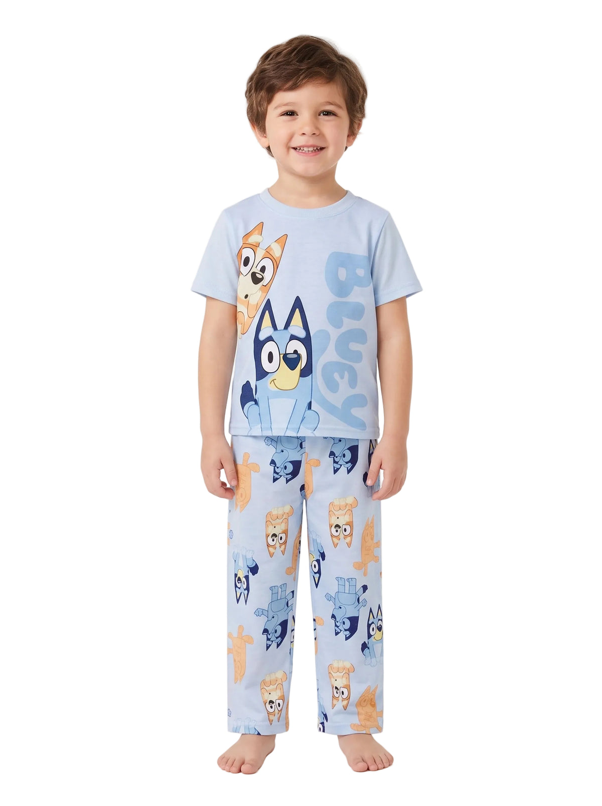 Bluey Toddler 2-Piece Pajama Set with Short Sleeve Tee and Pull-On Pants in Light Blue with Bluey and Bingo Print, Sizes 2T-4T