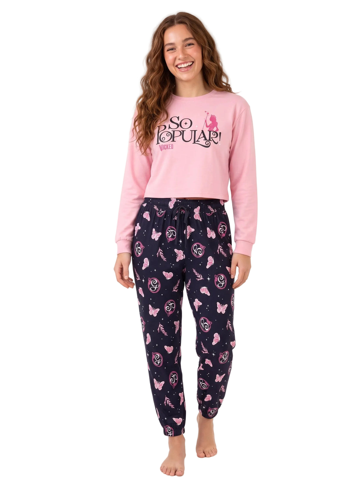 Wicked So Popular Women's Pajama Set Long Sleeve Pink Top and Navy Butterfly Print Jogger Pants Sleepwear Sizes S-XL