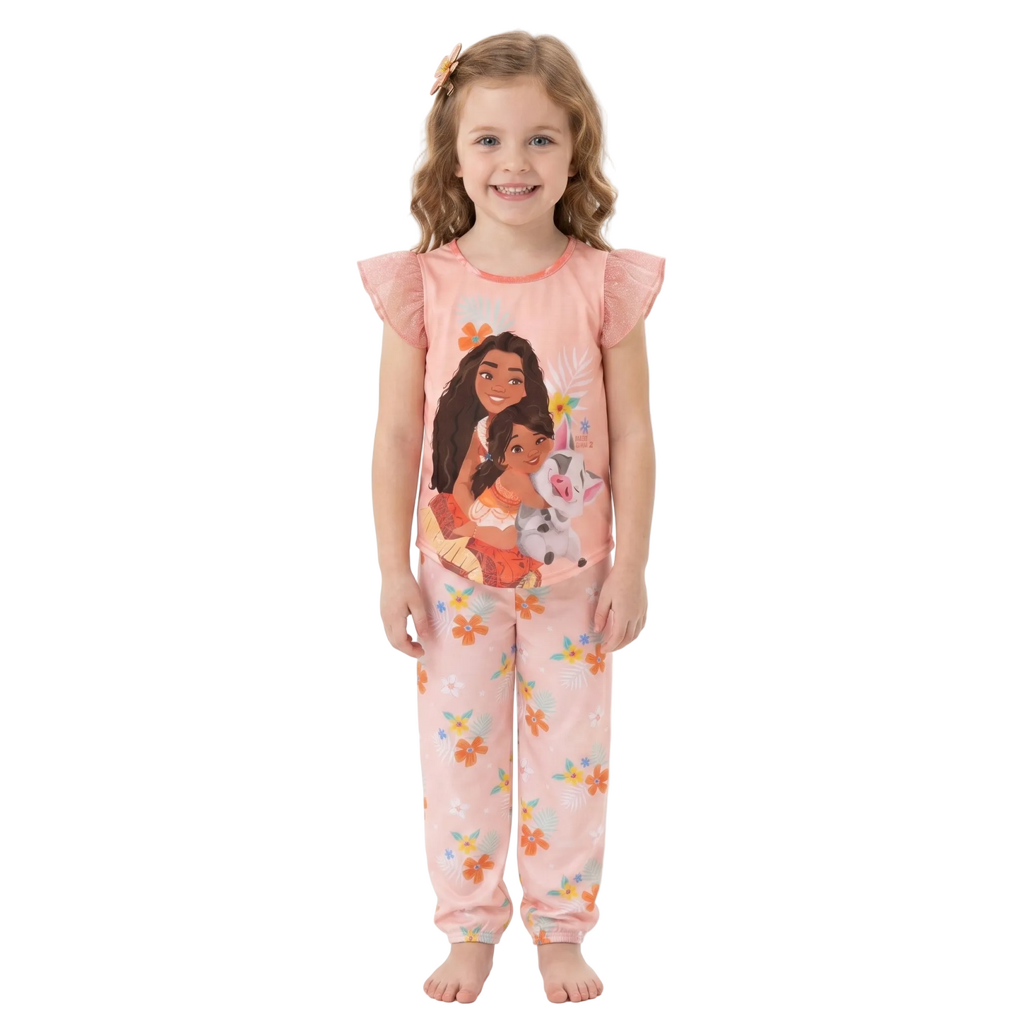 Disney Moana Girls 2-Piece Pajama Set, Short Sleeve Graphic Tee and Matching Tropical Print Pants, Teal and Coral