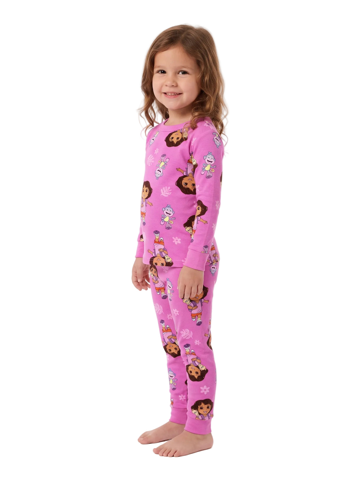 Dora the Explorer Girls Two-Piece Pajama Set, Pink Long Sleeve Top and Pants with Dora and Boots Print, Toddler and Kids Sleepwear
