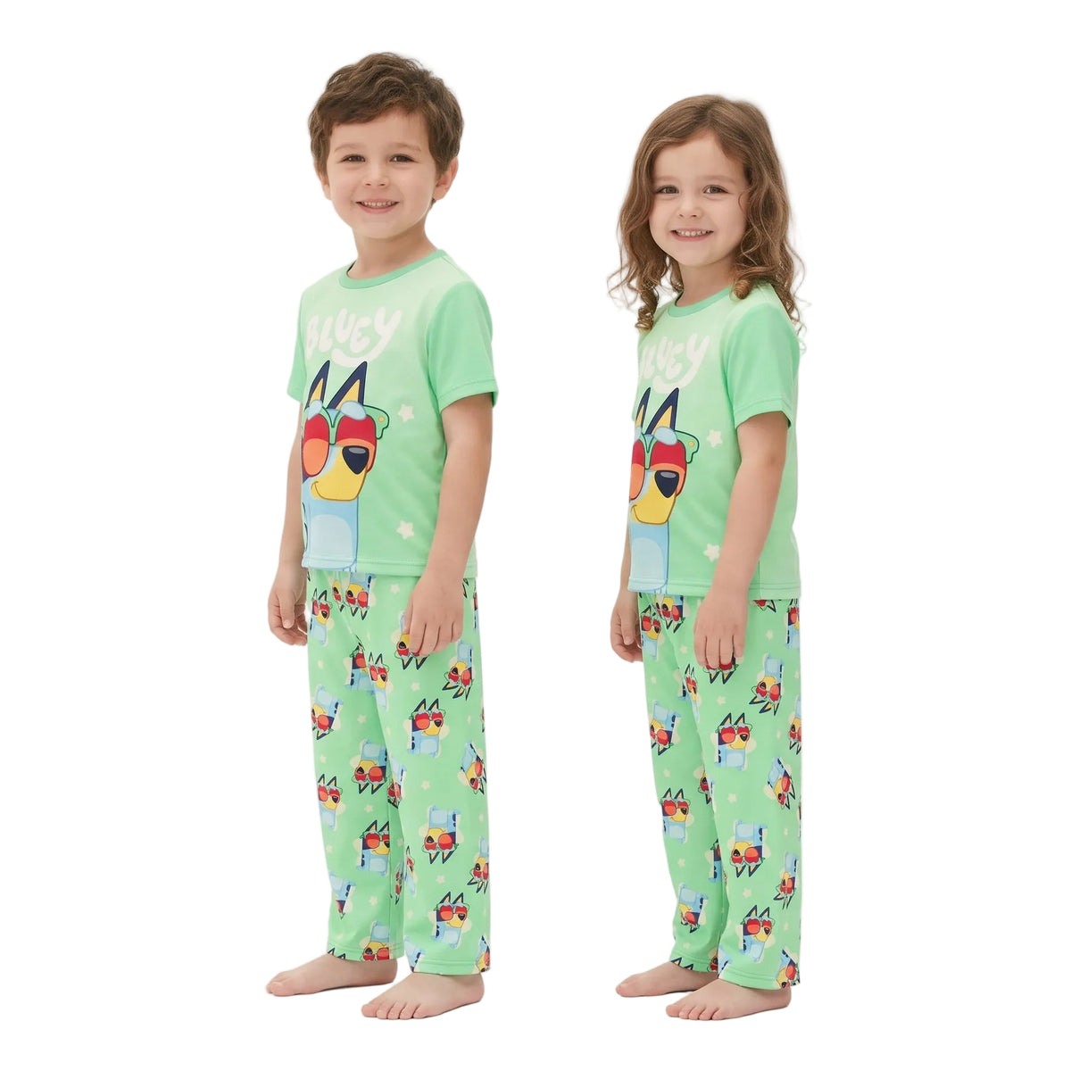 Bluey Kids Pajama Set Short Sleeve Top and Pants Green Sunglasses Graphic Unisex Sleepwear Sizes 2T and 4-10