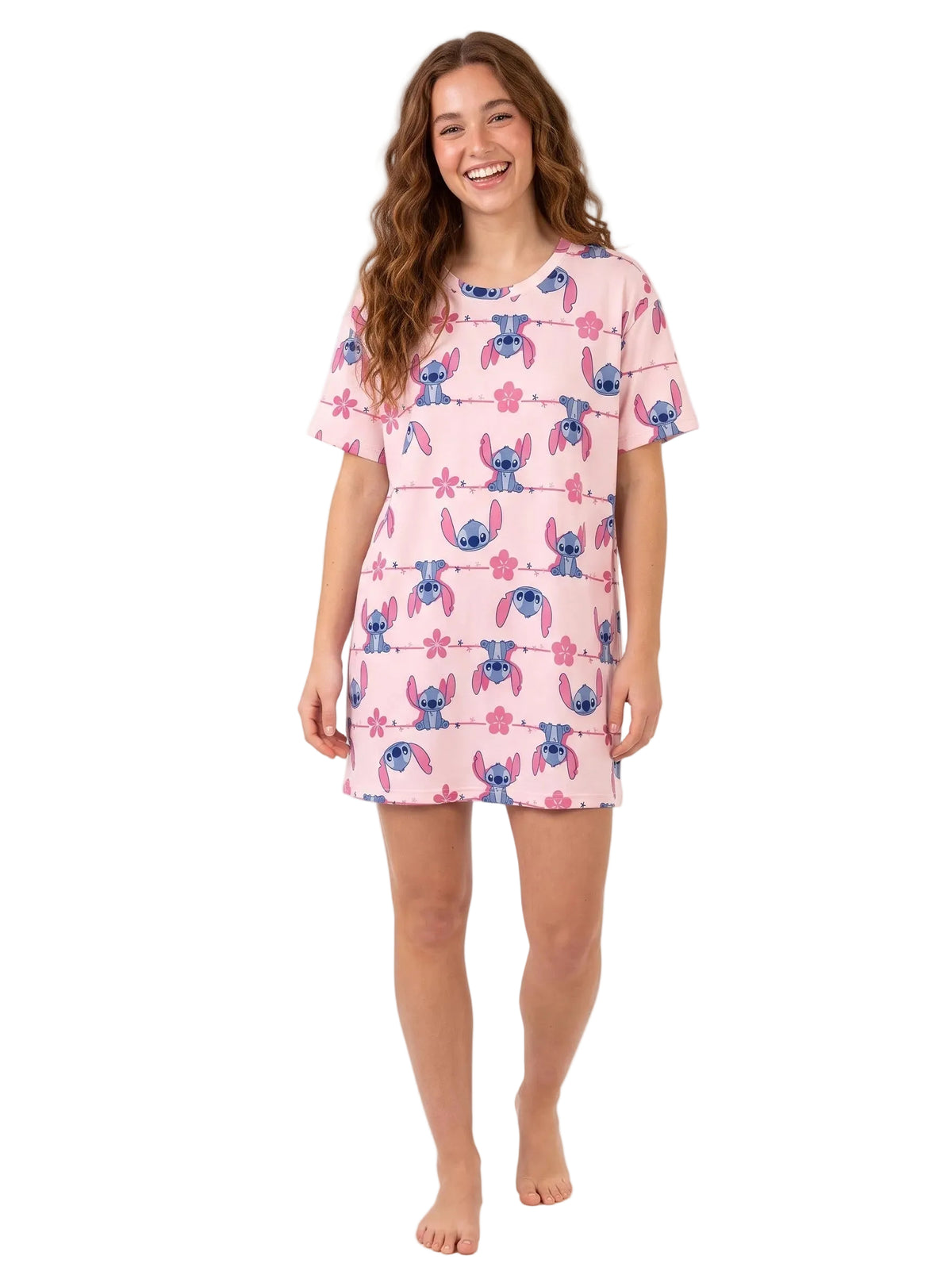 Disney Stitch Women's Short Sleeve Nightgown Pink All-Over Stitch and Blossom Print Crew Neck Sleep Shirt Sizes S to XL