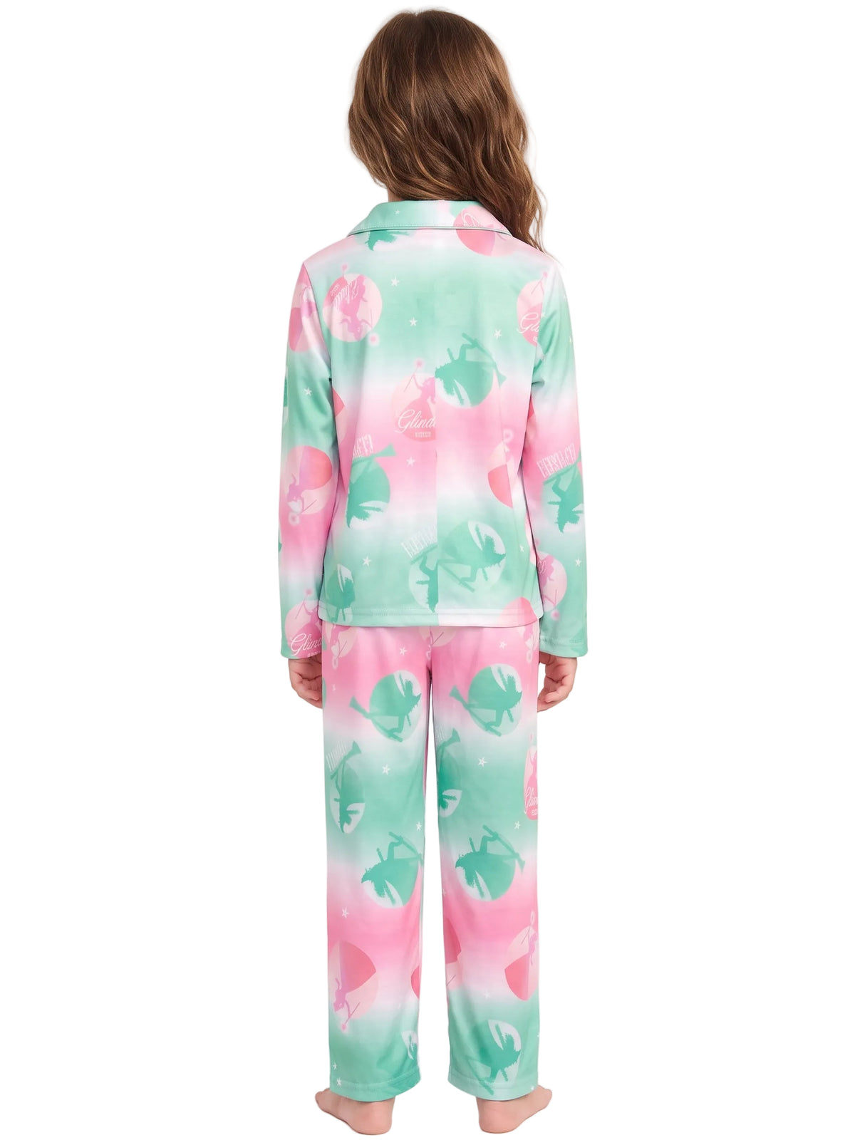 Wicked Glinda and Elphaba Girls 2-Piece Button-Up Pajama Set, Pink and Mint Ombre Print, Long Sleeve Top and Pants, Sizes 4-10