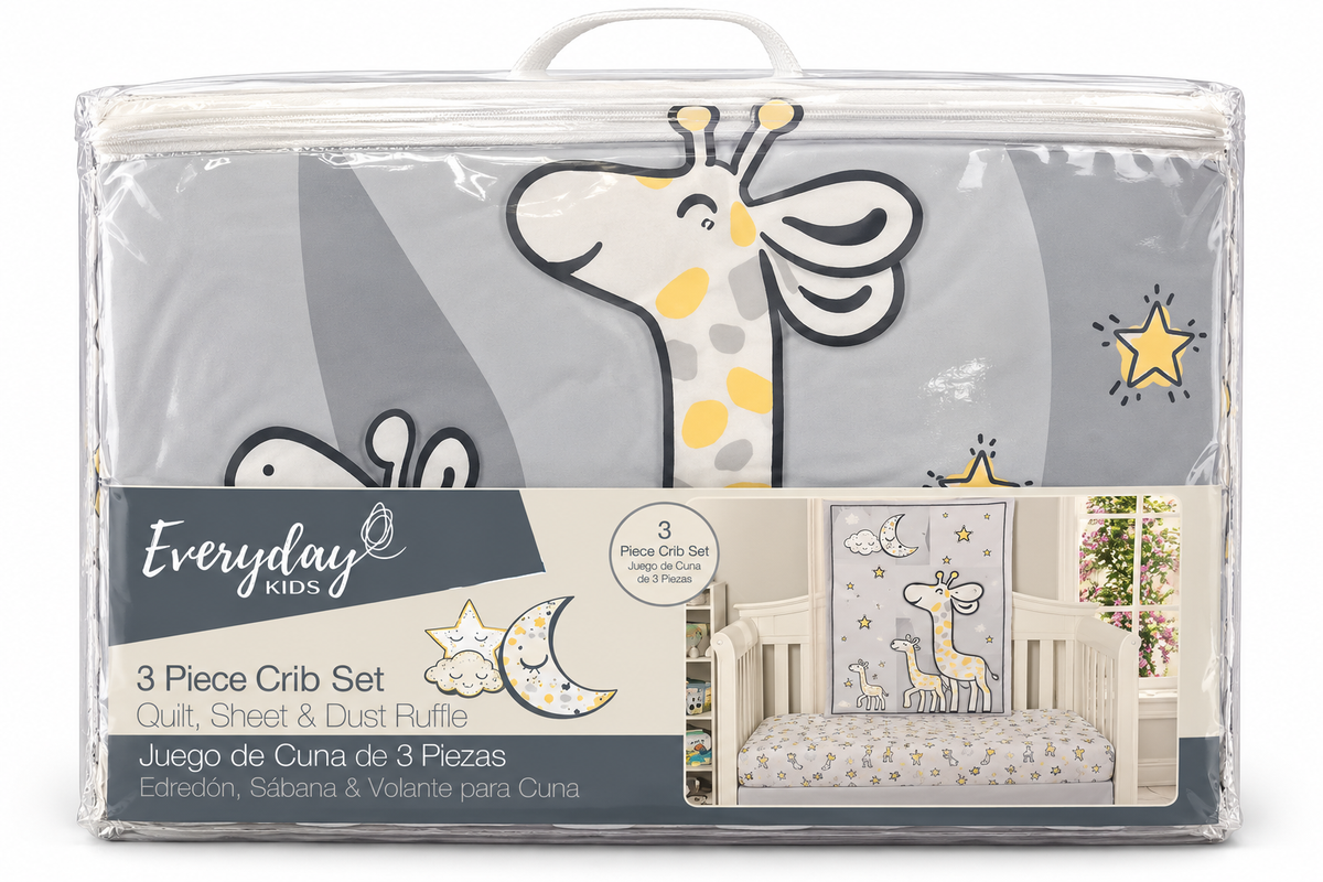 Everyday Kids 3 Piece Crib Set, Gray and Yellow Stars and Moon Nursery Bedding with Quilt, Dust Ruffle and Fitted Sheet