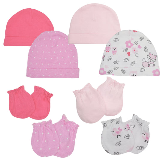 EVERYDAY KIDS 4 Pack of Baby No Scratch Mitten Pairs for Newborns and 4 Pack Baby Girl Hats; Newborn Hats for Girls in Light and Dark Solid Pink and Prints with Polka Dots and Owls and Fox Animals