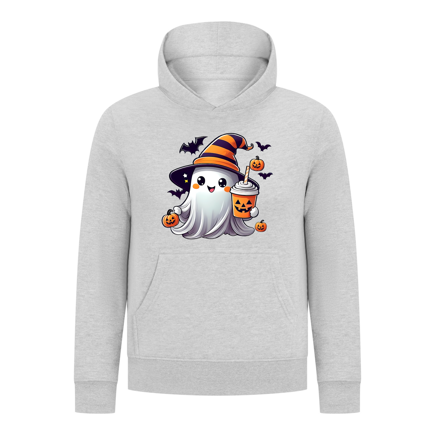 Everyday Kids Halloween Pullover Hoodie – Cute Ghost with Witch Hat and Pumpkin Drink – Cozy Fall Sweatshirt for Girls, Heather Gray