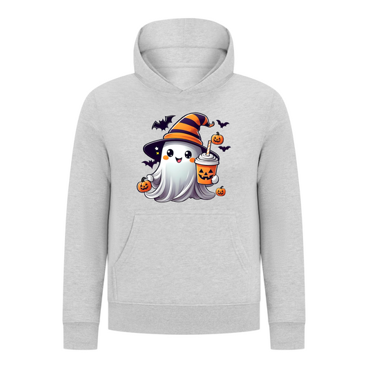 Everyday Kids Halloween Pullover Hoodie – Cute Ghost with Witch Hat and Pumpkin Drink – Cozy Fall Sweatshirt for Girls, Heather Gray