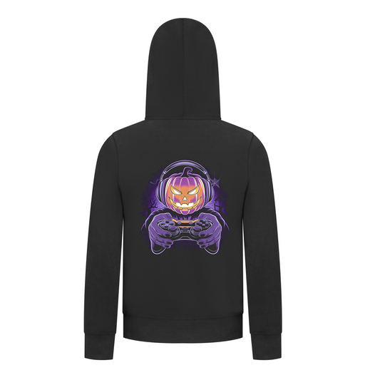 Everyday Kids Halloween Zip Up Hoodie – Gamer Pumpkin with Headphones and Controller – Cozy Fall Sweatshirt for Boys, Black