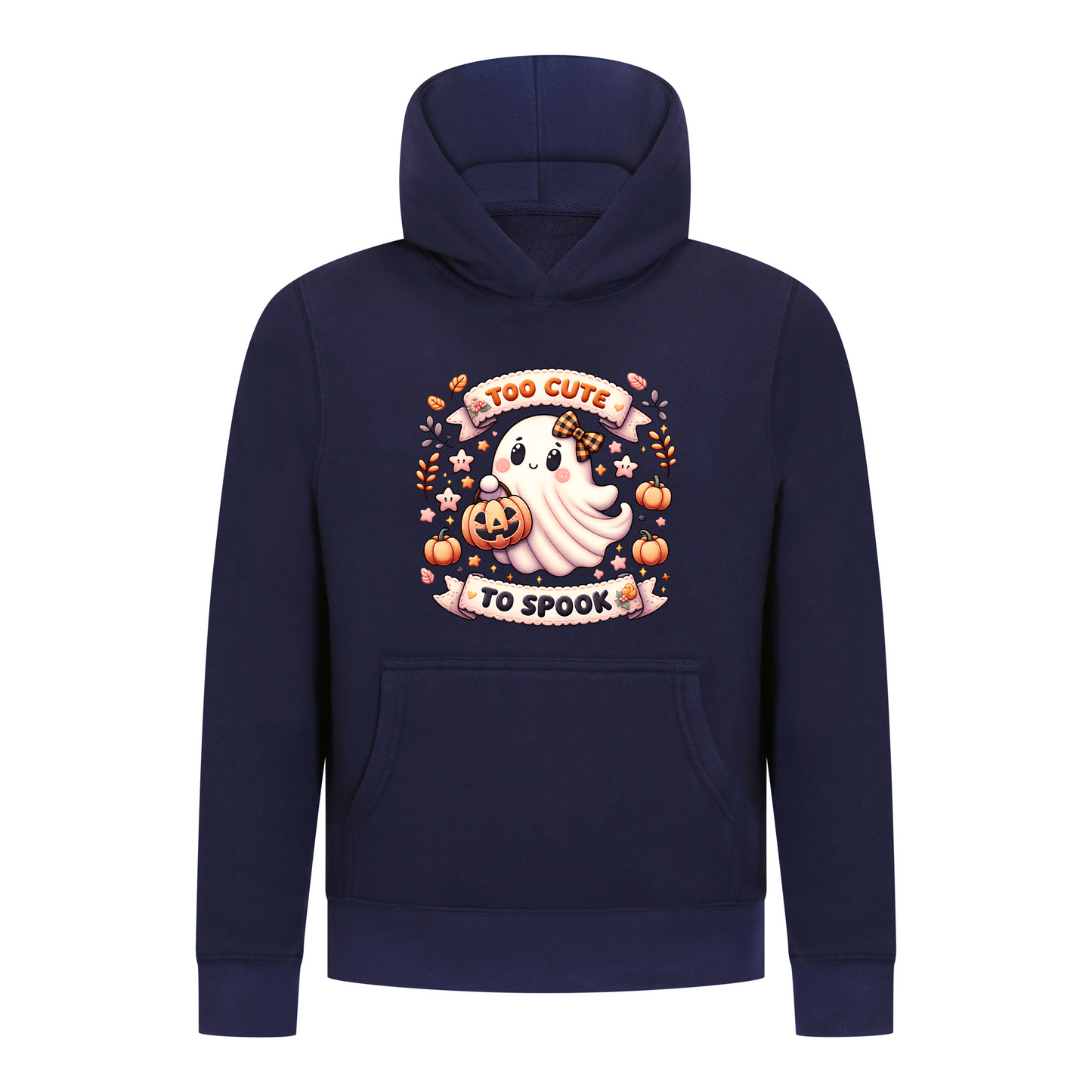 Everyday Kids “Too Cute To Spook” Halloween Pullover Hoodie – Adorable Ghost with Pumpkin Lantern – Cozy Fall Sweatshirt for Girls, Navy