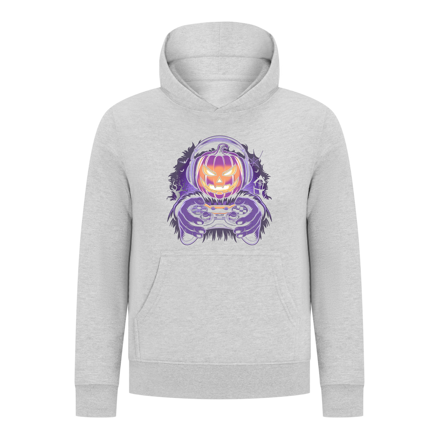 Everyday Kids Halloween Pullover Hoodie – Gamer Pumpkin with Headphones and Controller – Cozy Fall Sweatshirt for Boys, Heather Gray