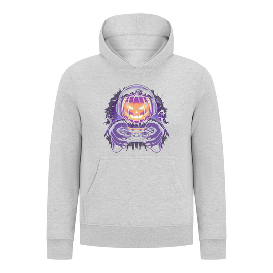 Everyday Kids Halloween Pullover Hoodie – Gamer Pumpkin with Headphones and Controller – Cozy Fall Sweatshirt for Boys, Heather Gray