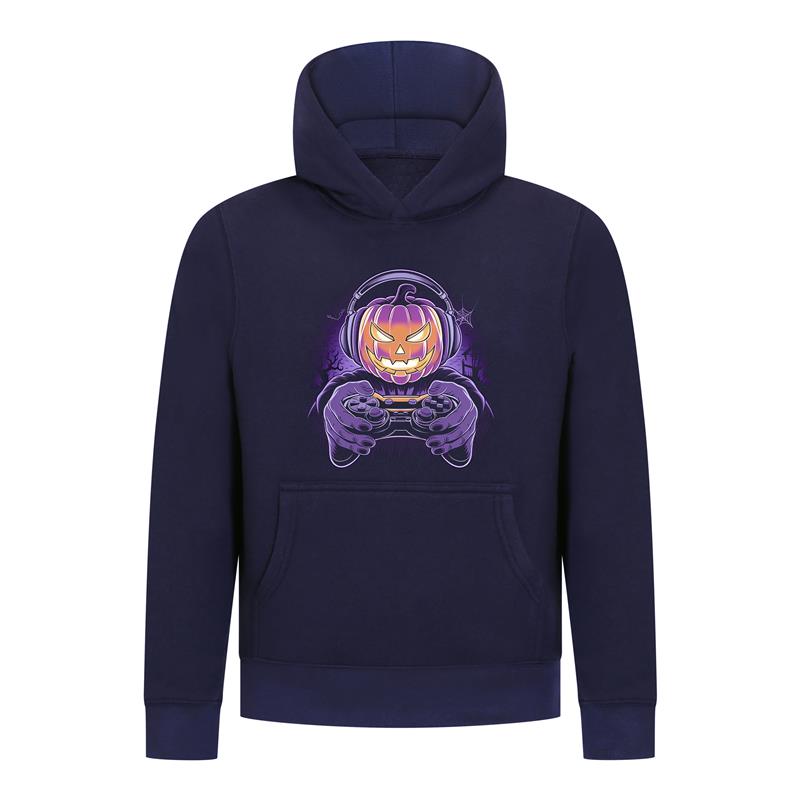 Everyday Kids Halloween Pullover Hoodie – Gamer Pumpkin with Headphones and Controller – Cozy Fall Sweatshirt for Boys, Navy