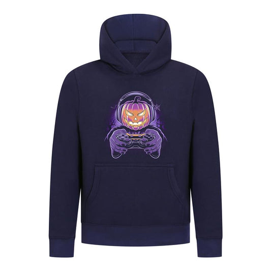 Everyday Kids Halloween Pullover Hoodie – Gamer Pumpkin with Headphones and Controller – Cozy Fall Sweatshirt for Boys, Navy