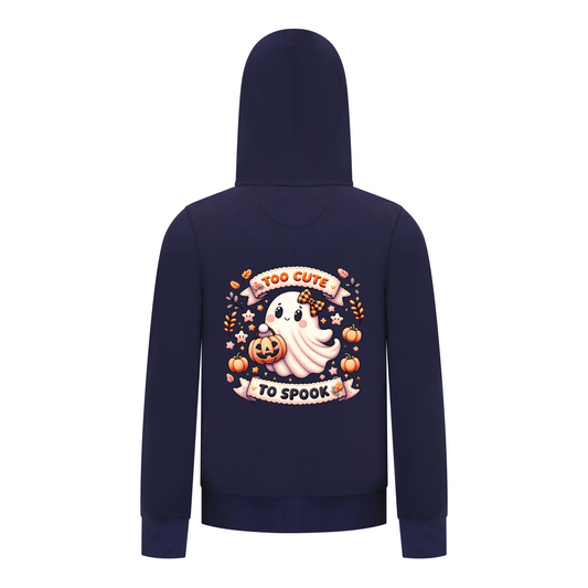 Everyday Kids “Too Cute To Spook” Halloween Zip Up Hoodie – Adorable Ghost with Pumpkin Lantern – Cozy Fall Sweatshirt for Girls, Navy