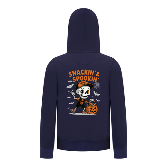 Everyday Kids “Snackin’ & Spookin’” Zip Up Halloween Hoodie – Skeleton Trick-or-Treater with Candy Bag – Cozy Fall Sweatshirt for Boys, Navy