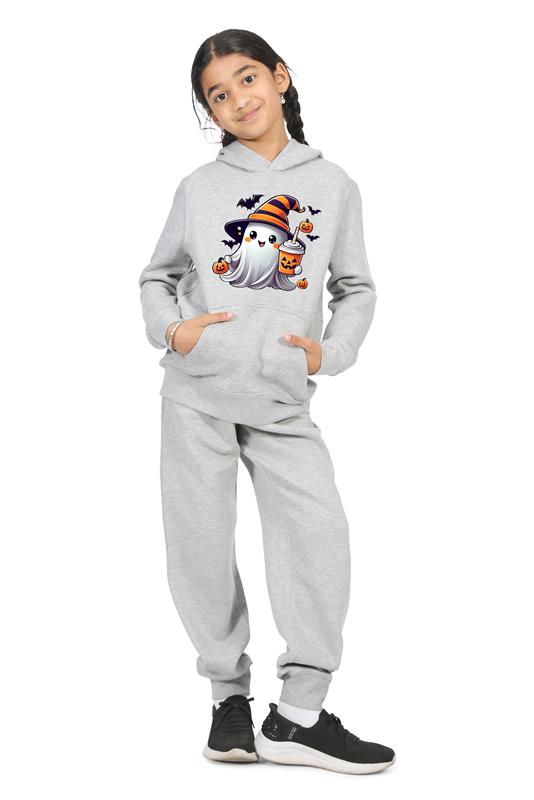 Everyday Kids Halloween Pullover Hoodie – Cute Ghost with Witch Hat and Pumpkin Drink – Cozy Fall Sweatshirt for Girls, Heather Gray