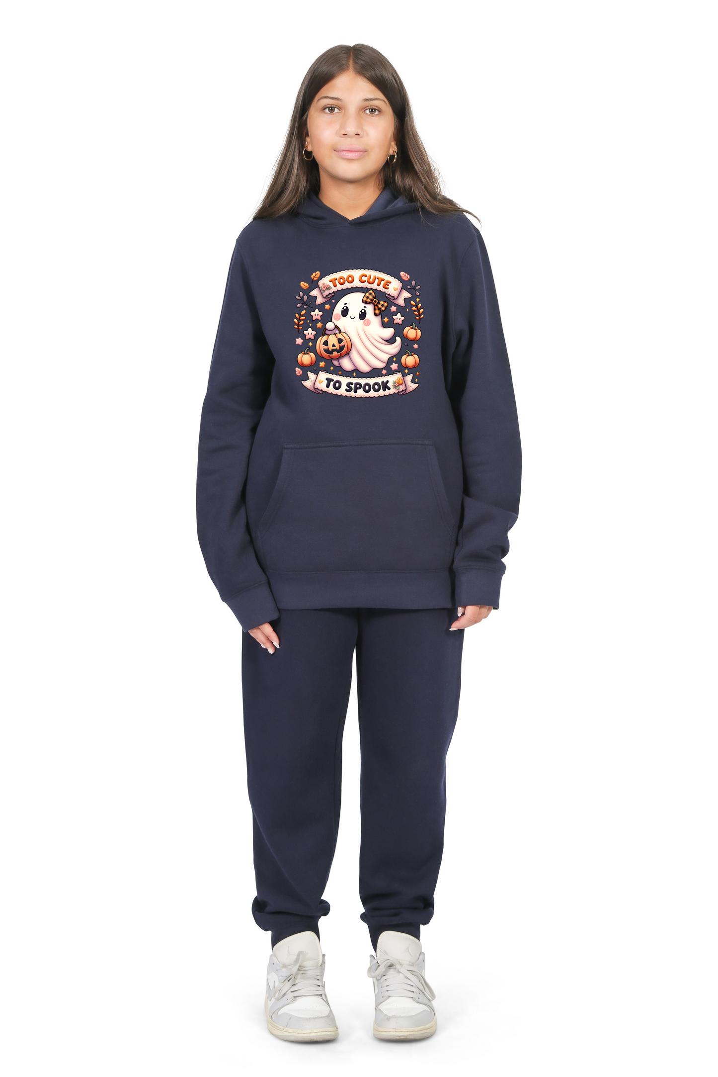 Everyday Kids “Too Cute To Spook” Halloween Pullover Hoodie – Adorable Ghost with Pumpkin Lantern – Cozy Fall Sweatshirt for Girls, Navy