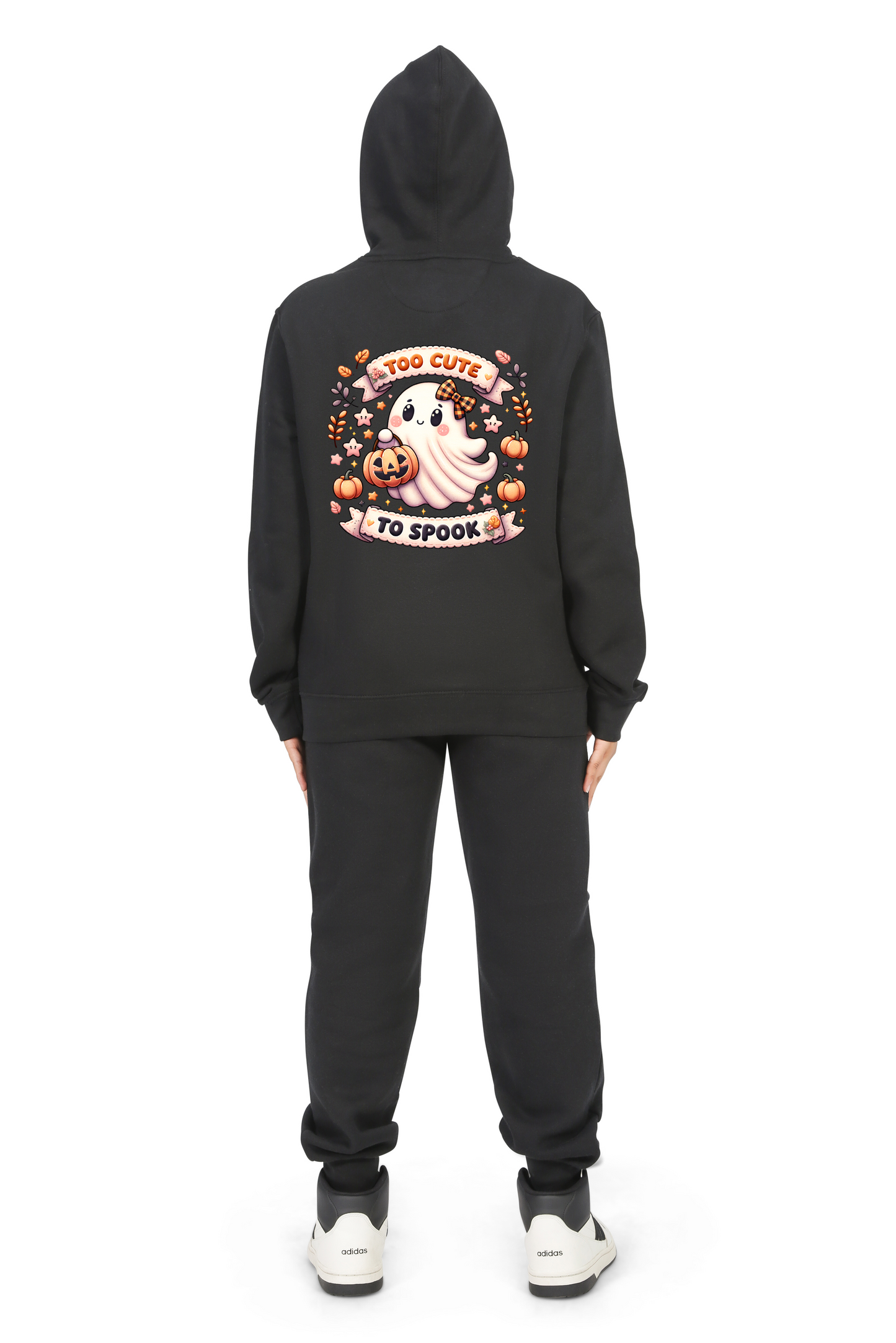 Everyday Kids “Too Cute To Spook” Halloween Zip Up Hoodie – Adorable Ghost with Pumpkin Lantern – Cozy Fall Sweatshirt for Girls, Black