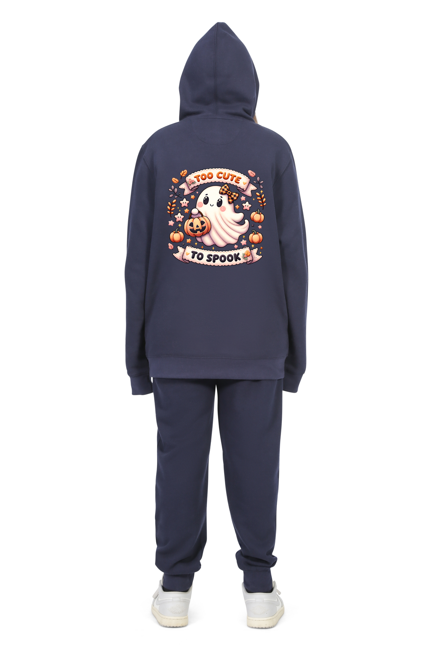 Everyday Kids “Too Cute To Spook” Halloween Zip Up Hoodie – Adorable Ghost with Pumpkin Lantern – Cozy Fall Sweatshirt for Girls, Navy