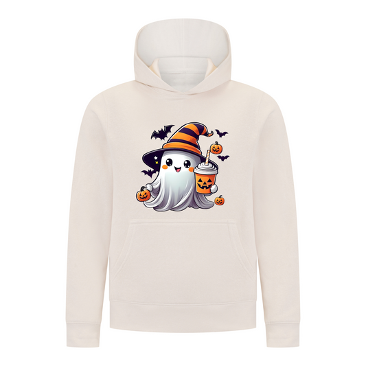 Everyday Kids Halloween Pullover Hoodie – Cute Ghost with Witch Hat and Pumpkin Drink – Cozy Fall Sweatshirt for Girls, Off-White