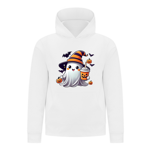 Everyday Kids Halloween Pullover Hoodie – Cute Ghost with Witch Hat and Pumpkin Drink – Cozy Fall Sweatshirt for Girls, White