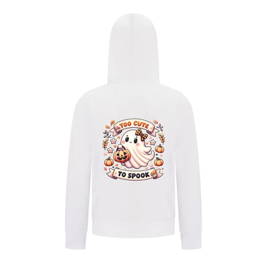 Everyday Kids “Too Cute To Spook” Halloween Zip Up Hoodie – Adorable Ghost with Pumpkin Lantern – Cozy Fall Sweatshirt for Girls, White