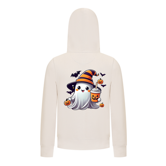 Everyday Kids Halloween Zip Up Hoodie – Cute Ghost with Witch Hat and Pumpkin Drink – Cozy Fall Sweatshirt for Girls, Off-White
