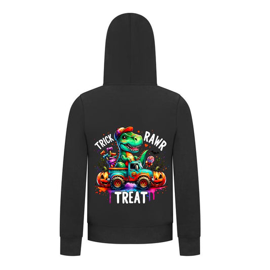 Everyday Kids “Trick RAWR Treat” Dinosaur Halloween Hoodie – Cute T-Rex Truck Graphic with Pumpkins & Candy – Fun Fall Pullover Sweatshirt for Boys, Black