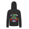 Everyday Kids “Trick RAWR Treat” Dinosaur Halloween Hoodie – Cute T-Rex Truck Graphic with Pumpkins & Candy – Fun Fall Pullover Sweatshirt for Boys, Black