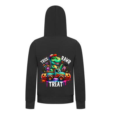 Everyday Kids “Trick RAWR Treat” Dinosaur Halloween Hoodie – Cute T-Rex Truck Graphic with Pumpkins & Candy – Fun Fall Pullover Sweatshirt for Boys, Black