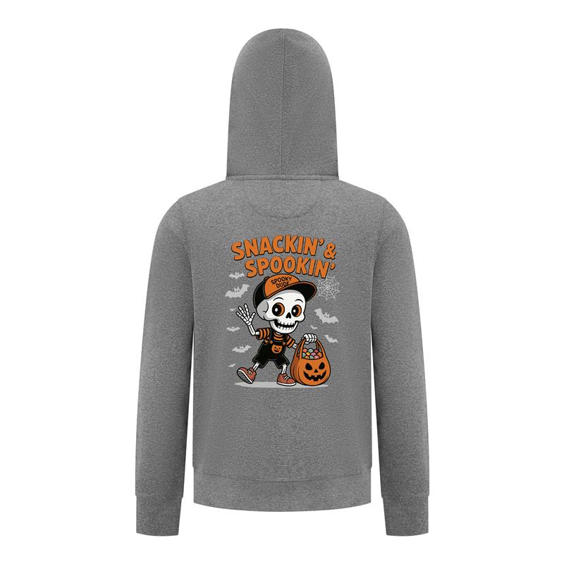 Everyday Kids “Snackin’ & Spookin’” Zip Up Halloween Hoodie – Skeleton Trick-or-Treater with Candy Bag – Cozy Fall Sweatshirt for Boys, Charcoal Gray