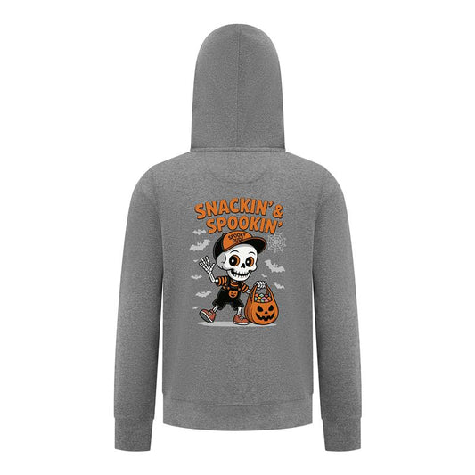 Everyday Kids “Snackin’ & Spookin’” Zip Up Halloween Hoodie – Skeleton Trick-or-Treater with Candy Bag – Cozy Fall Sweatshirt for Boys, Charcoal Gray