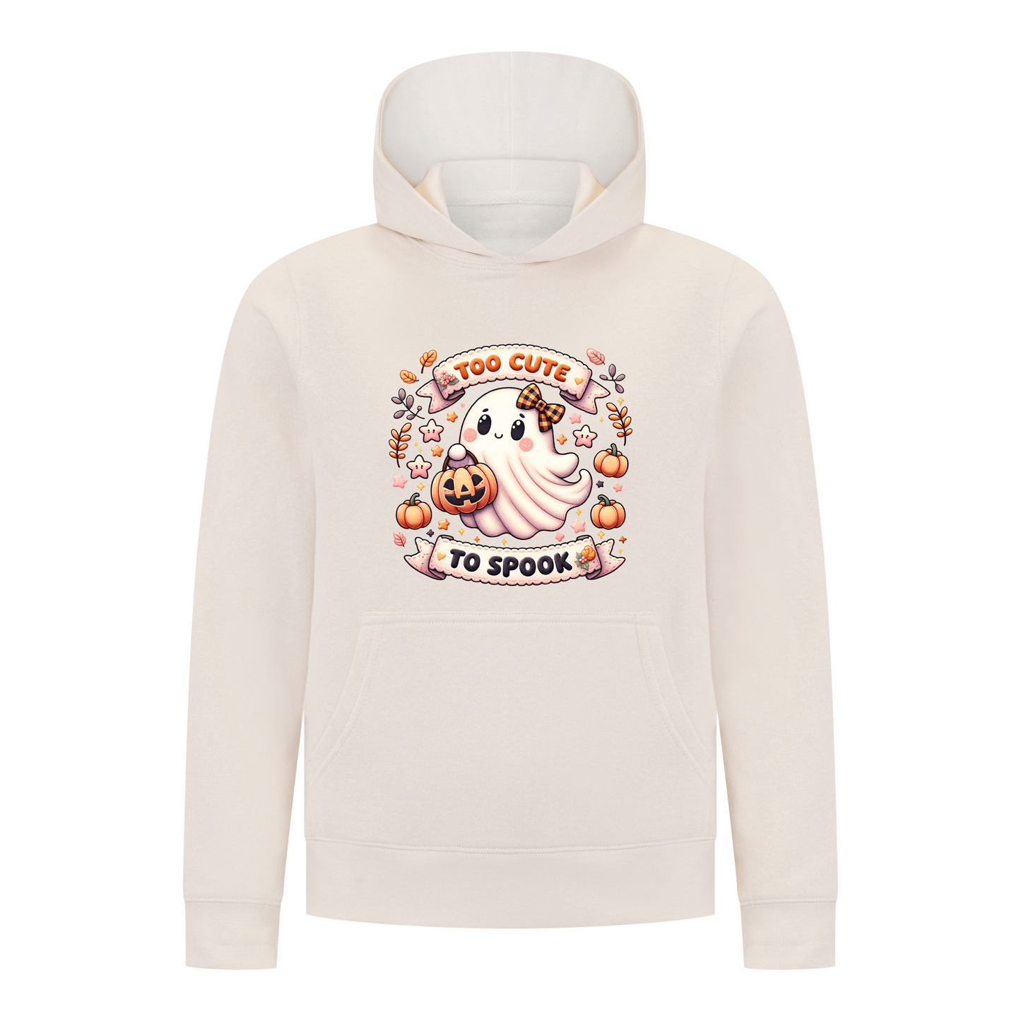 Everyday Kids “Too Cute To Spook” Halloween Pullover Hoodie – Adorable Ghost with Pumpkin Lantern – Cozy Fall Sweatshirt for Girls, Off-White