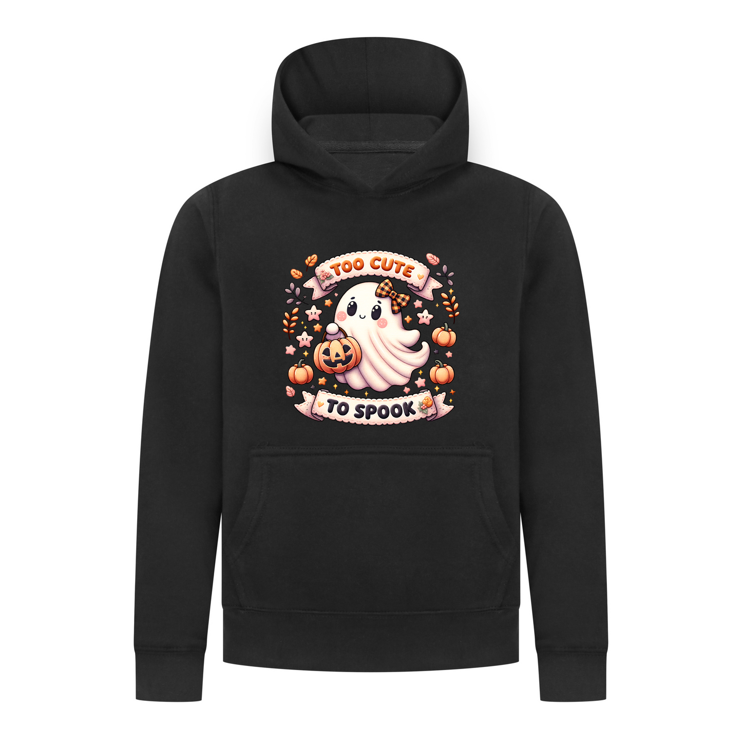 Everyday Kids “Too Cute To Spook” Halloween Pullover Hoodie – Adorable Ghost with Pumpkin Lantern – Cozy Fall Sweatshirt for Girls, Black