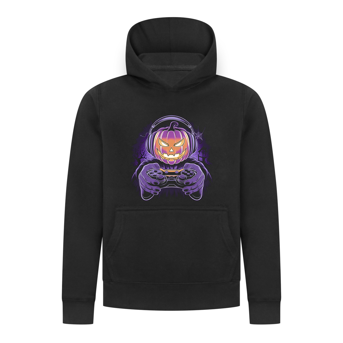 Everyday Kids Halloween Pullover Hoodie – Gamer Pumpkin with Headphones and Controller – Cozy Fall Sweatshirt for Boys, Black
