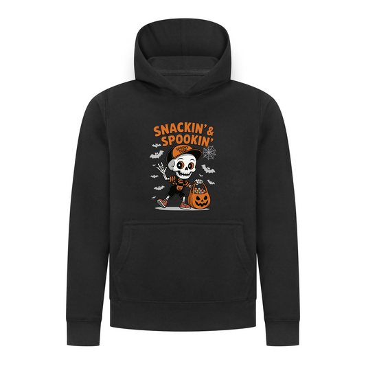 Everyday Kids “Snackin’ & Spookin’” Pullover Halloween Hoodie – Skeleton Trick-or-Treater with Candy Bag – Cozy Fall Sweatshirt for Boys, Black