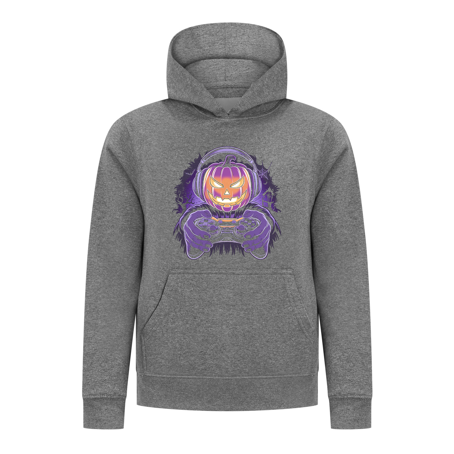 Everyday Kids Halloween Pullover Hoodie – Gamer Pumpkin with Headphones and Controller – Cozy Fall Sweatshirt for Boys, Charcoal Gray
