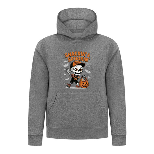 Everyday Kids “Snackin’ & Spookin’” Pullover Halloween Hoodie – Skeleton Trick-or-Treater with Candy Bag – Cozy Fall Sweatshirt for Boys, Heather Gray