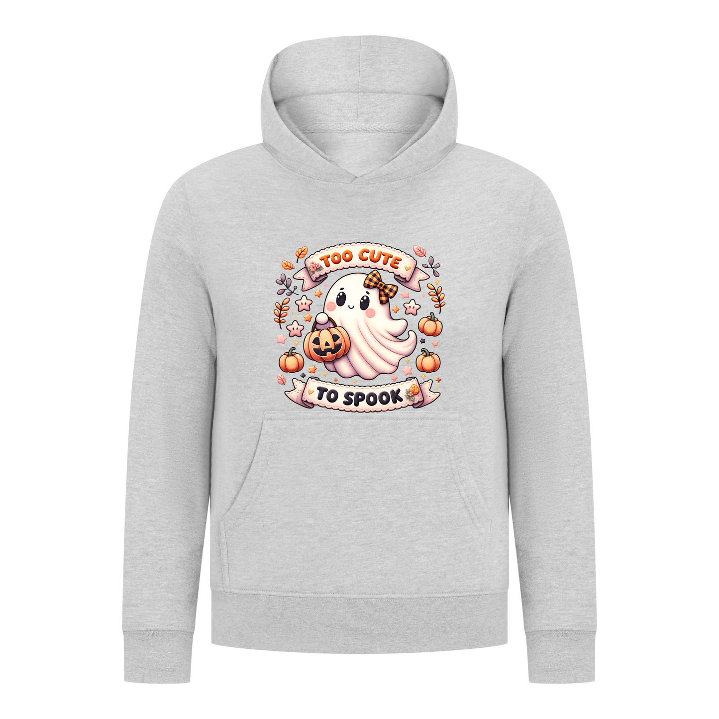 Everyday Kids “Too Cute To Spook” Halloween Pullover Hoodie – Adorable Ghost with Pumpkin Lantern – Cozy Fall Sweatshirt for Girls, Heather Gray